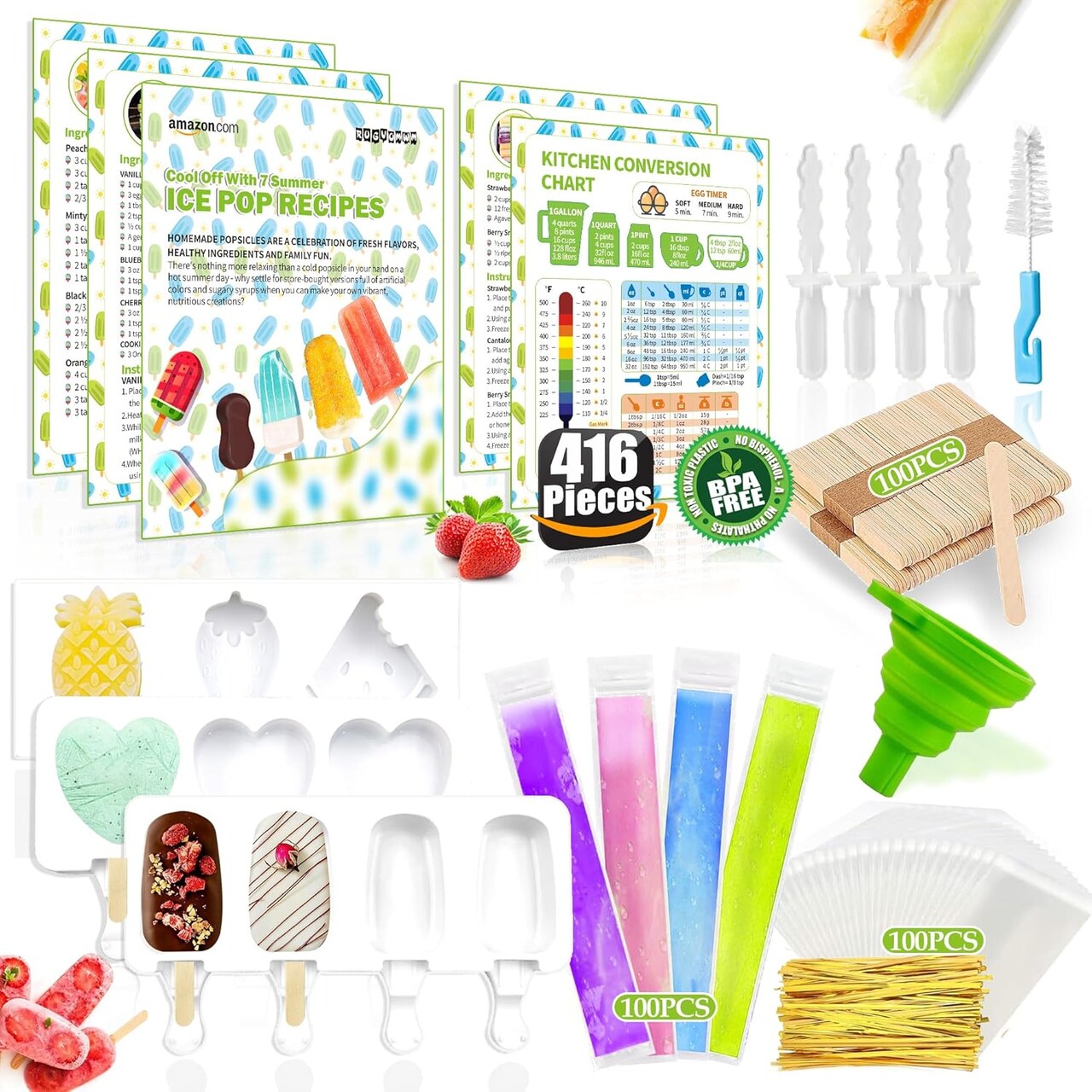 Ice Popsicle Molds Kit – 3 Reusable Silicone Molds, 100 Disposable Bags, Wooden Sticks, Funnel & Cleaning Brush with 5 Recipe Cards for DIY Fruit Bars, Cake Popsicles & More (Ice Pop Set)
